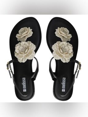 Melissa Black Sandals with Cream Floral size 8 new in a box